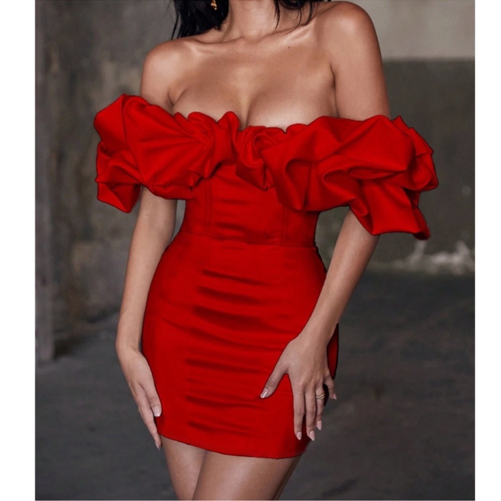 Luxe Red Off Shoulder Puffy Ruffle Bodycon Mini Dress XS S M L XL